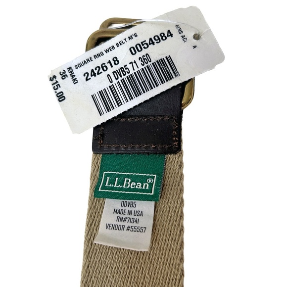 L.L. Bean Belt Square Ring Buckle Cotton Web & Leather Khaki Made in USA Vintage - Picture 9 of 12